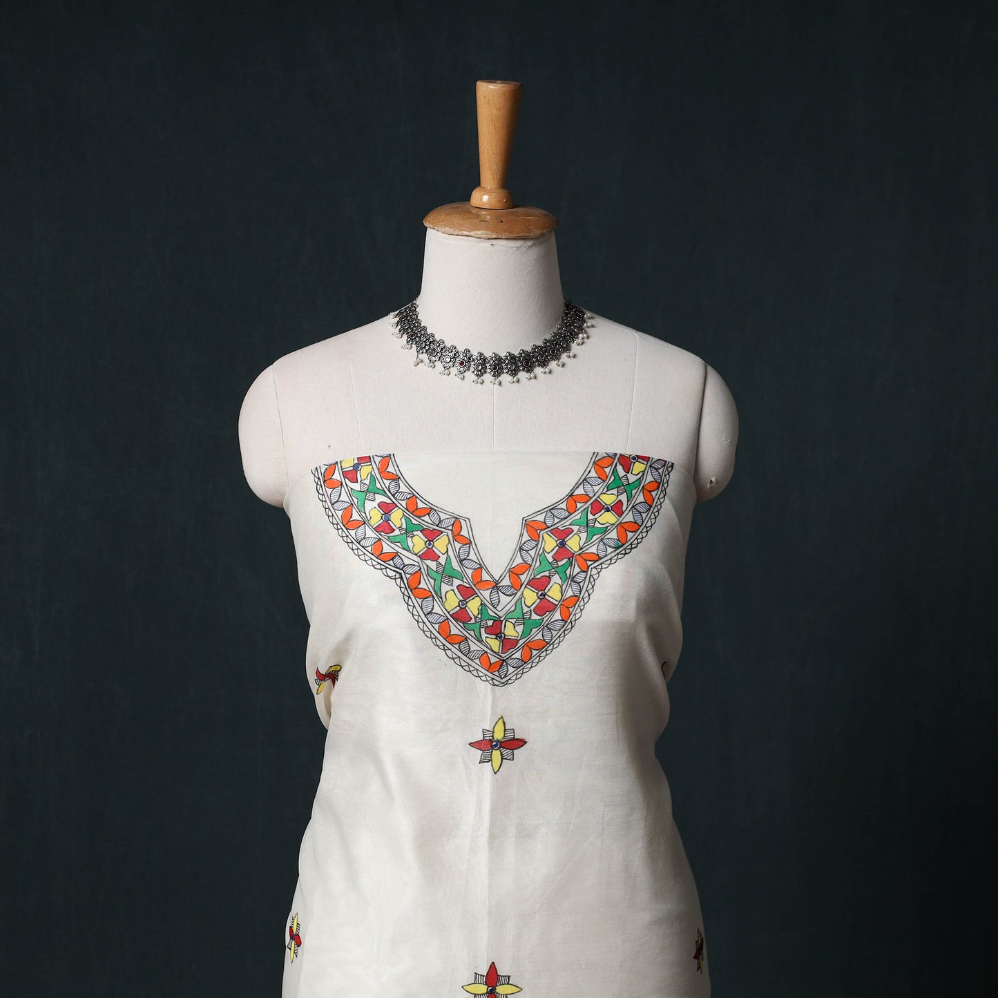White - Madhubani Handpainted Chanderi Silk 2pc Unstitched Dress Material Kurta Set 01