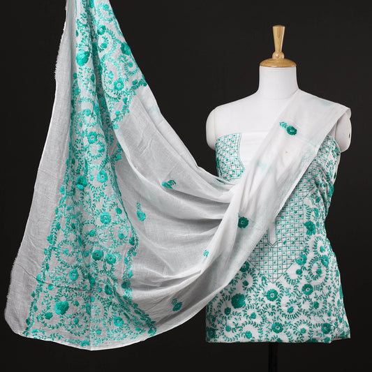 White - 3pc Phulkari Embroidery Cotton Suit Material Set
