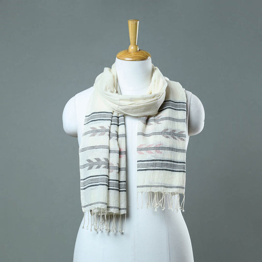 White - Burdwan Jamdani Cotton Handloom Stole with Tassels 11