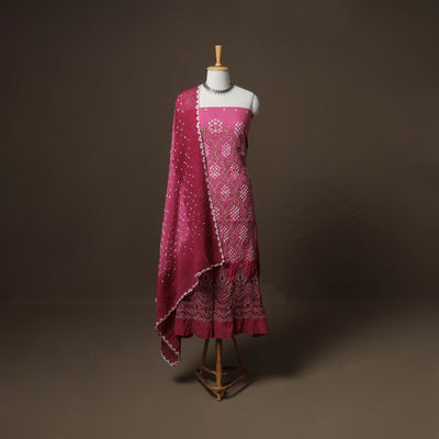 Kutch Bandhani Sequin Work Satin Cotton Unstitched Dress Material: Kurta, Bottom & Dupatta 04