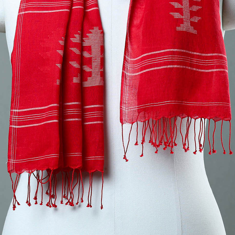 Red - Burdwan Jamdani Cotton Handloom Stole with Tassels 14