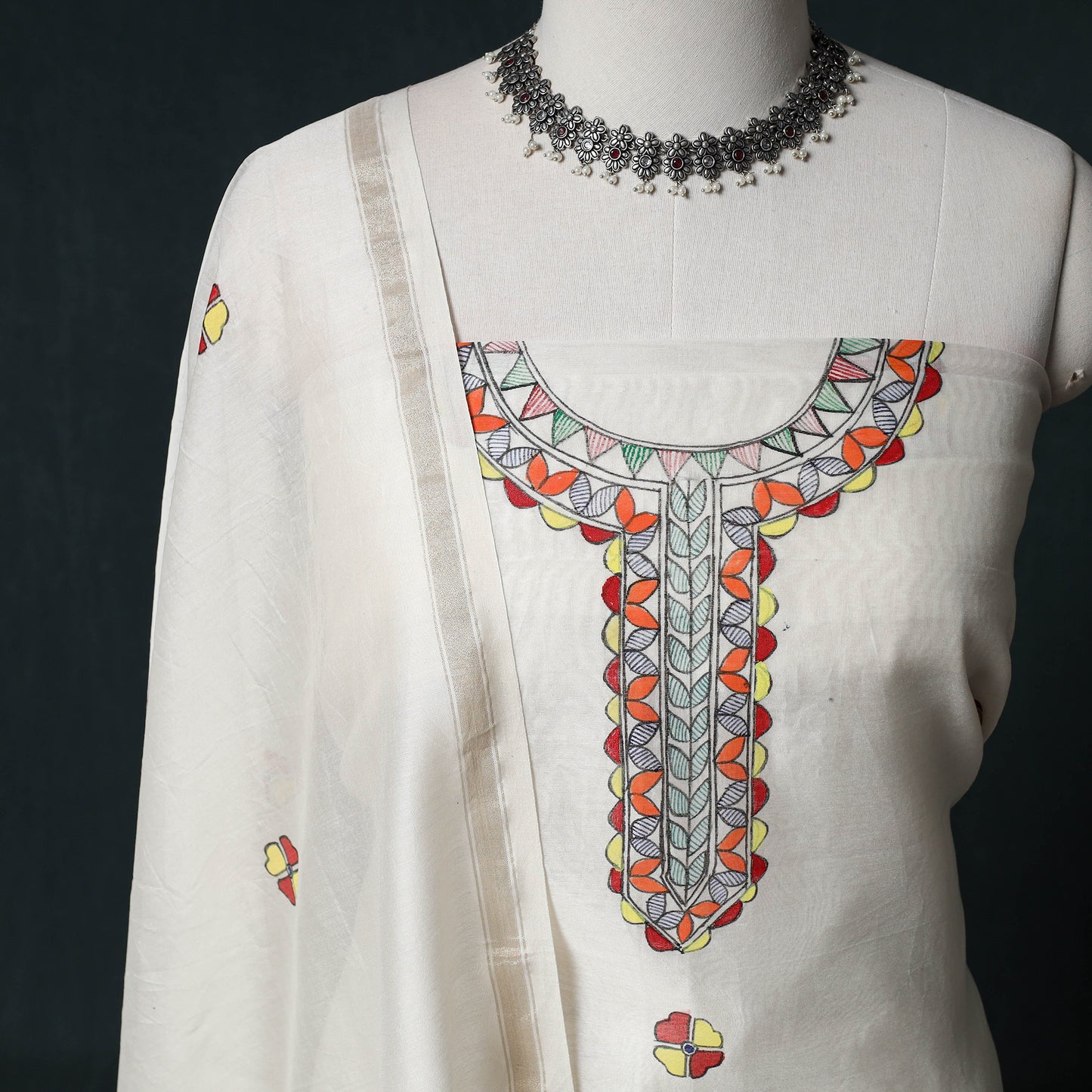White - Madhubani Handpainted Chanderi Silk 2pc Unstitched Dress Material Kurta Set 02
