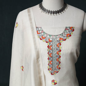 White - Madhubani Handpainted Chanderi Silk 2pc Unstitched Dress Material Kurta Set 02