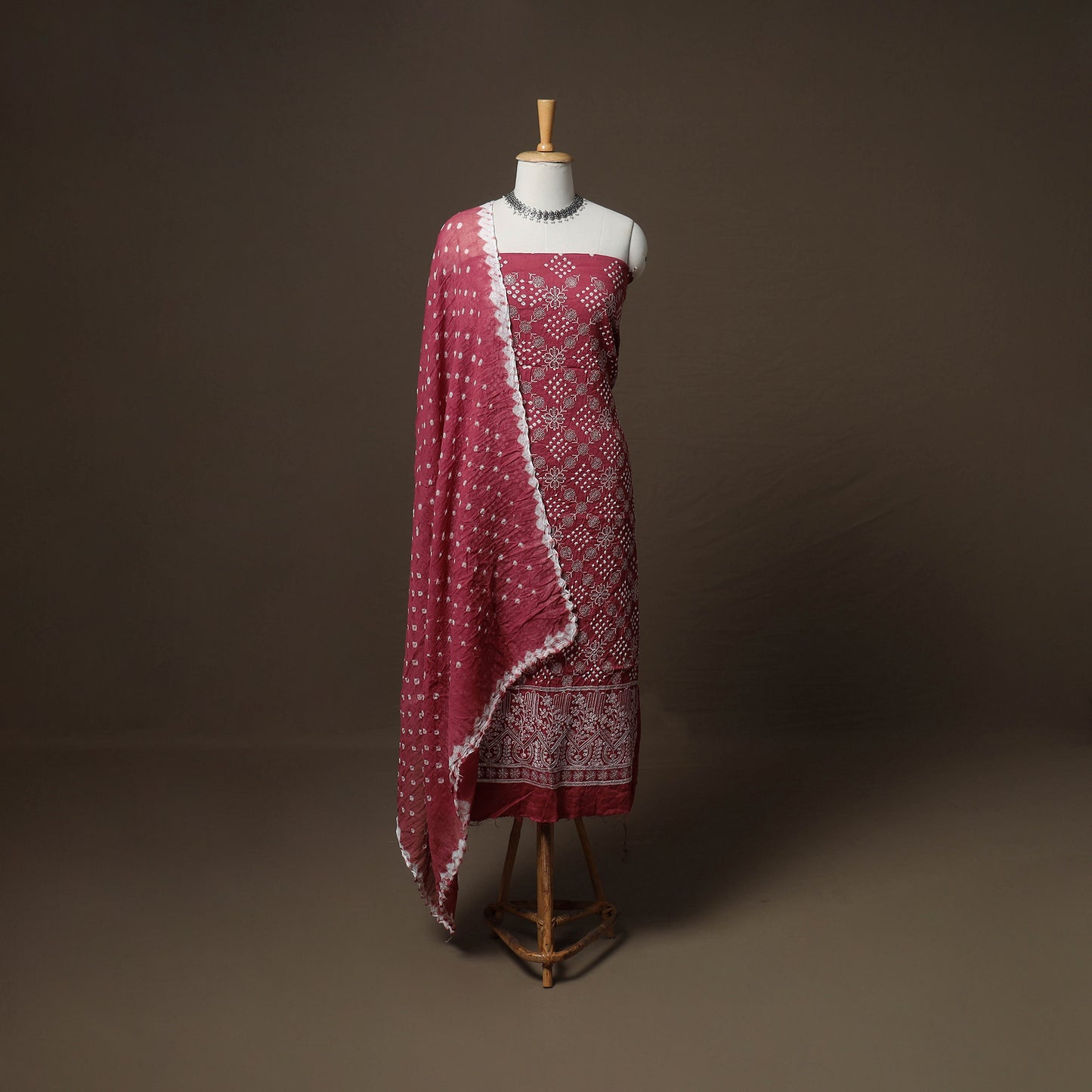 Kutch Bandhani Sequin Work Satin Cotton Unstitched Dress Material: Kurta, Bottom & Dupatta 01