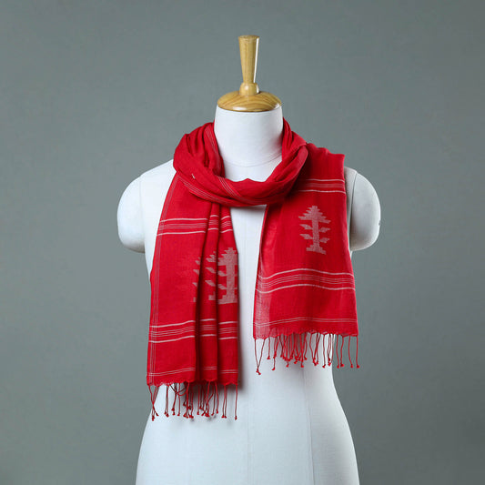 Red - Burdwan Jamdani Cotton Handloom Stole with Tassels 14