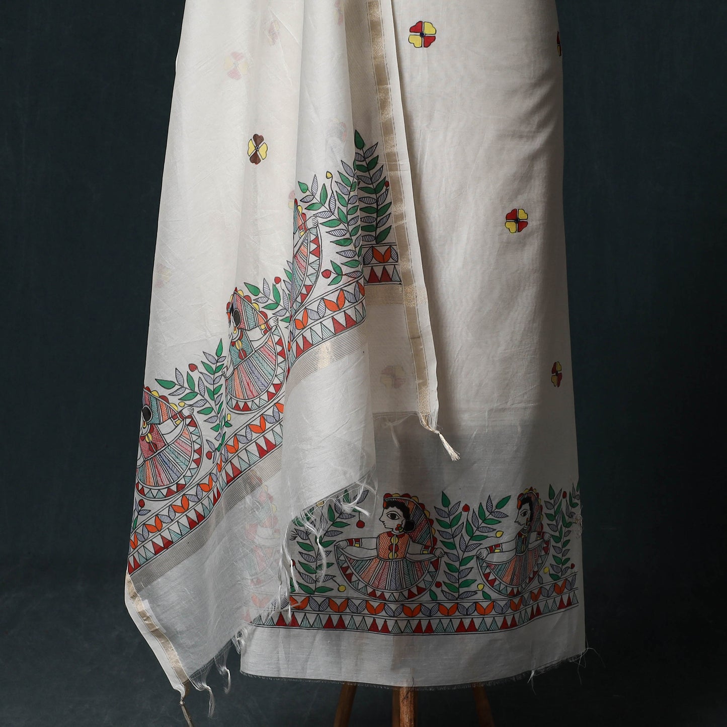 White - Madhubani Handpainted Chanderi Silk 2pc Unstitched Dress Material Kurta Set 02