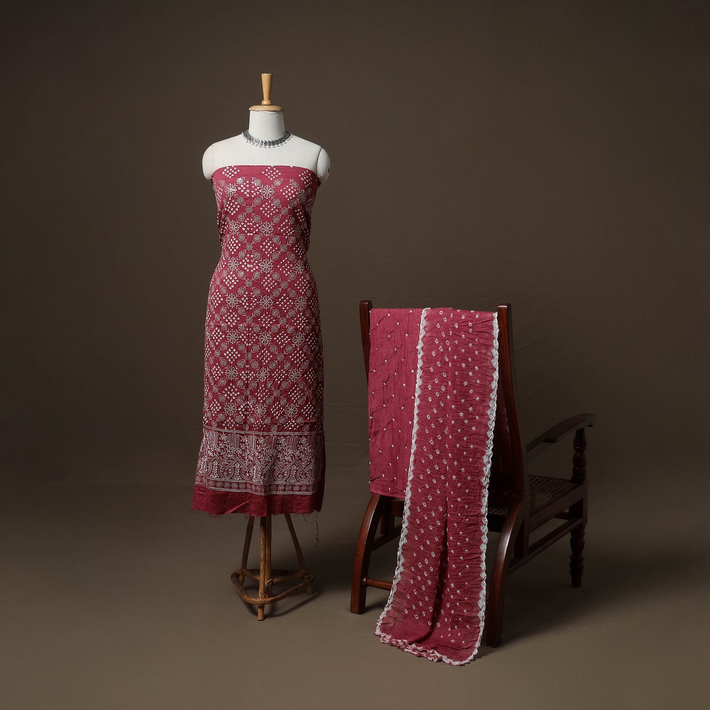 Kutch Bandhani Sequin Work Satin Cotton Unstitched Dress Material: Kurta, Bottom & Dupatta 01