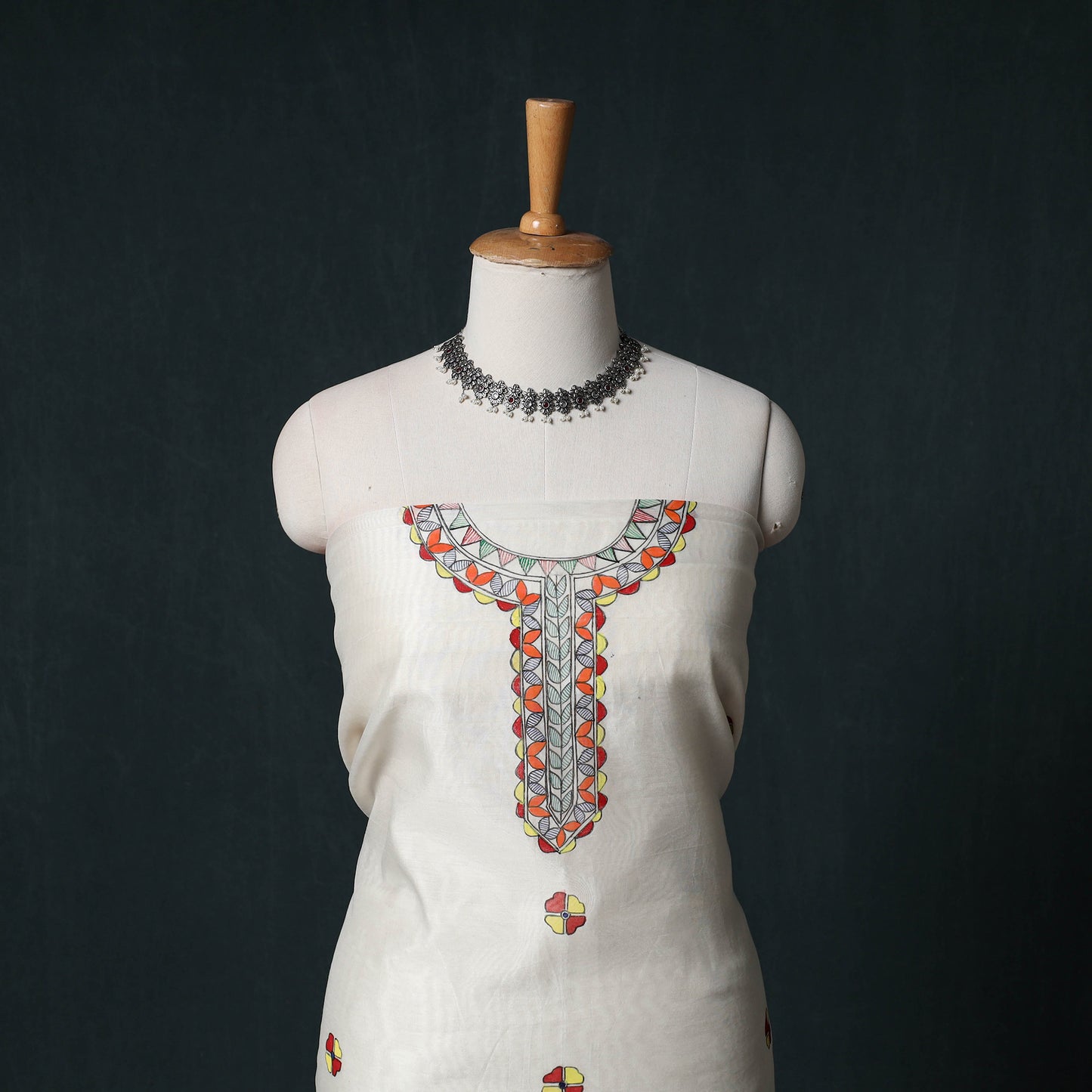 White - Madhubani Handpainted Chanderi Silk 2pc Unstitched Dress Material Kurta Set 02