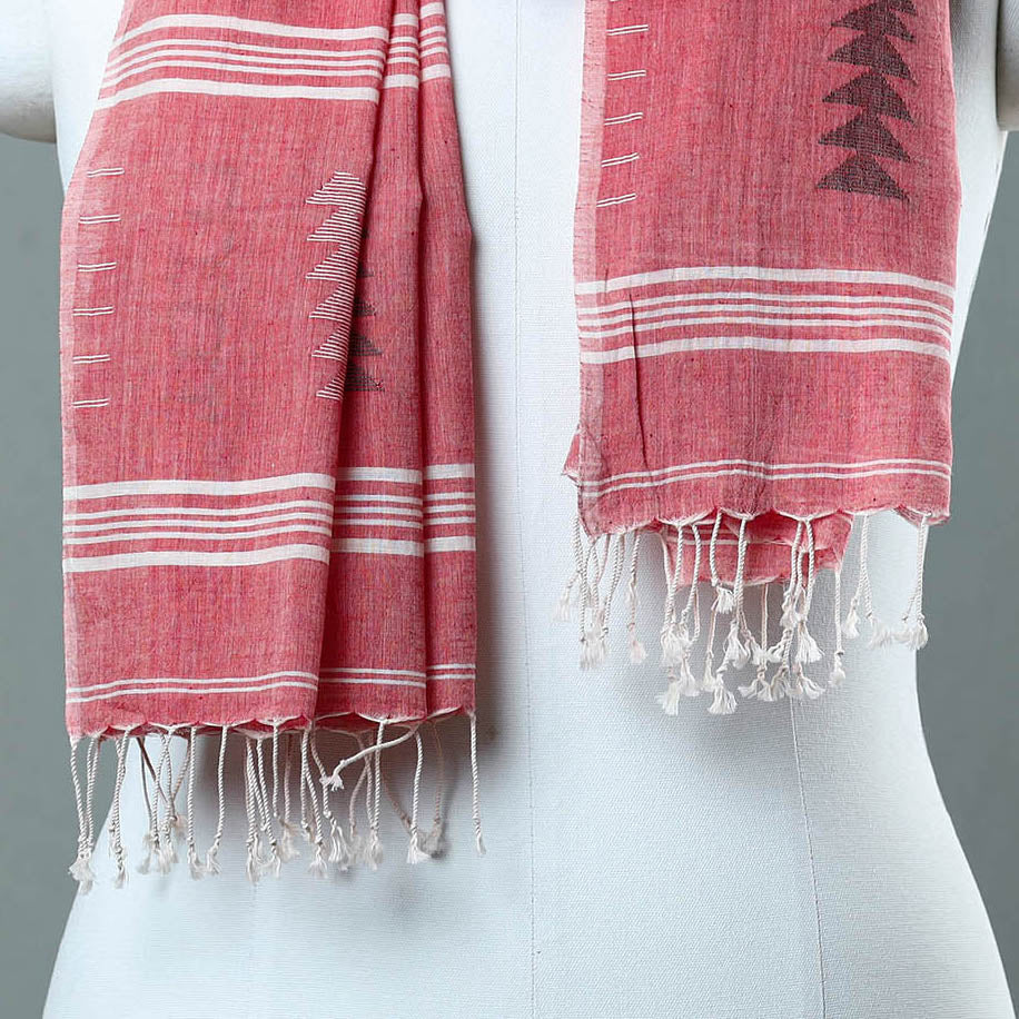 Pink - Burdwan Jamdani Cotton Handloom Stole with Tassels 16