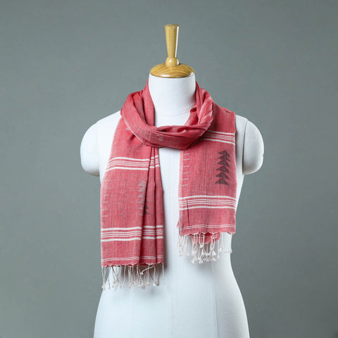 Pink - Burdwan Jamdani Cotton Handloom Stole with Tassels 16