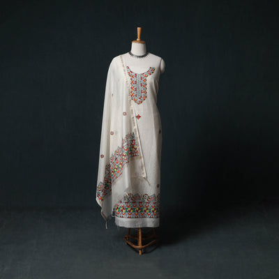 White - Madhubani Handpainted Chanderi Silk 2pc Unstitched Dress Material Kurta Set 03