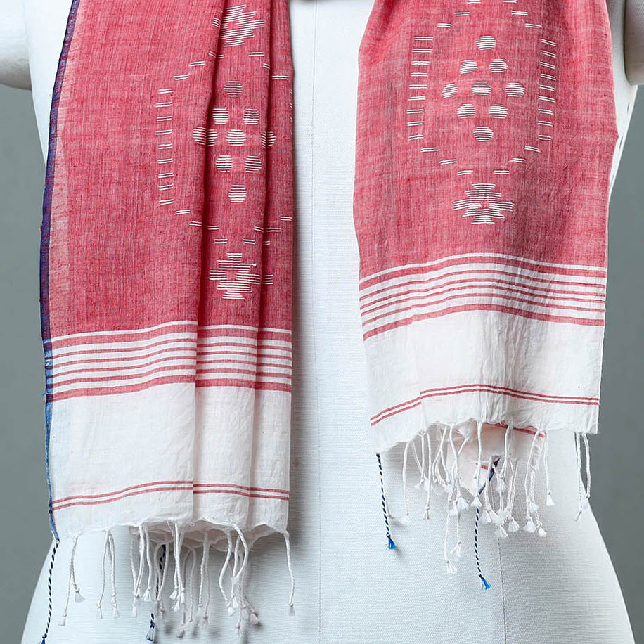 White - Burdwan Jamdani Cotton Handloom Stole with Tassels 18