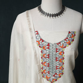 White - Madhubani Handpainted Chanderi Silk 2pc Unstitched Dress Material Kurta Set 03