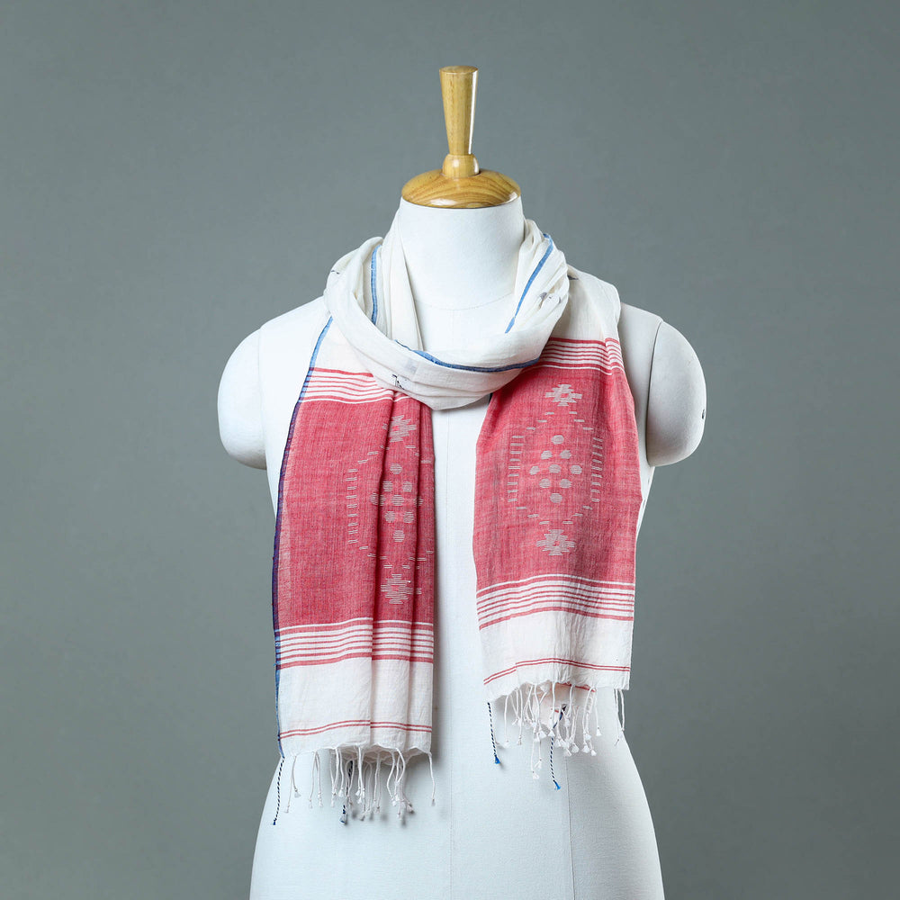 White - Burdwan Jamdani Cotton Handloom Stole with Tassels 18