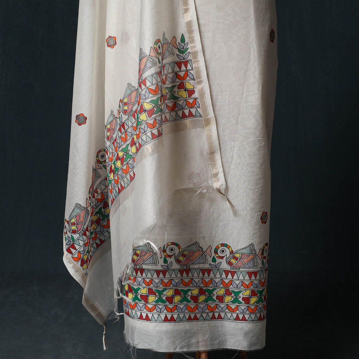 White - Madhubani Handpainted Chanderi Silk 2pc Unstitched Dress Material Kurta Set 03