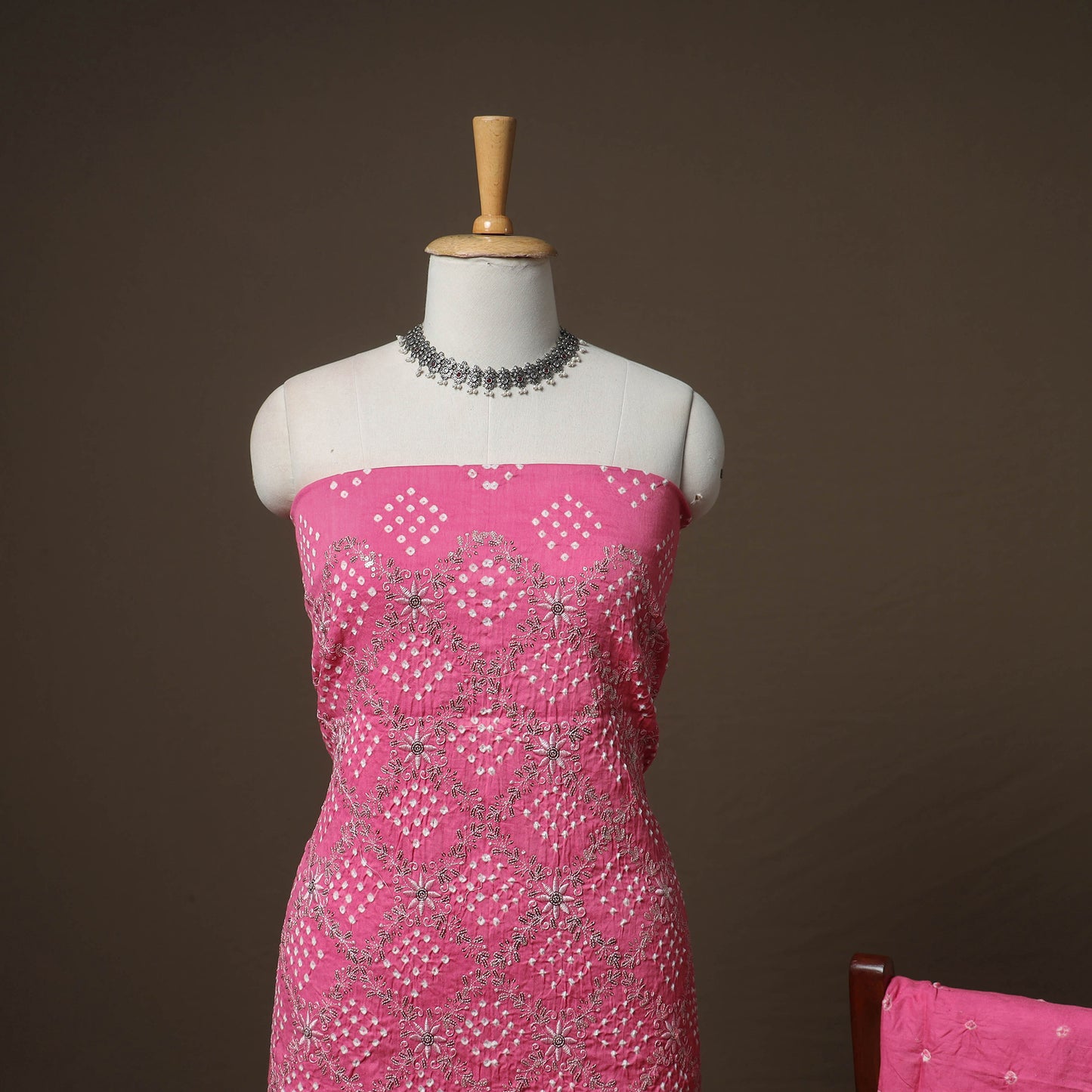 Kutch Bandhani Sequin Work Satin Cotton Unstitched Dress Material: Kurta, Bottom & Dupatta 02