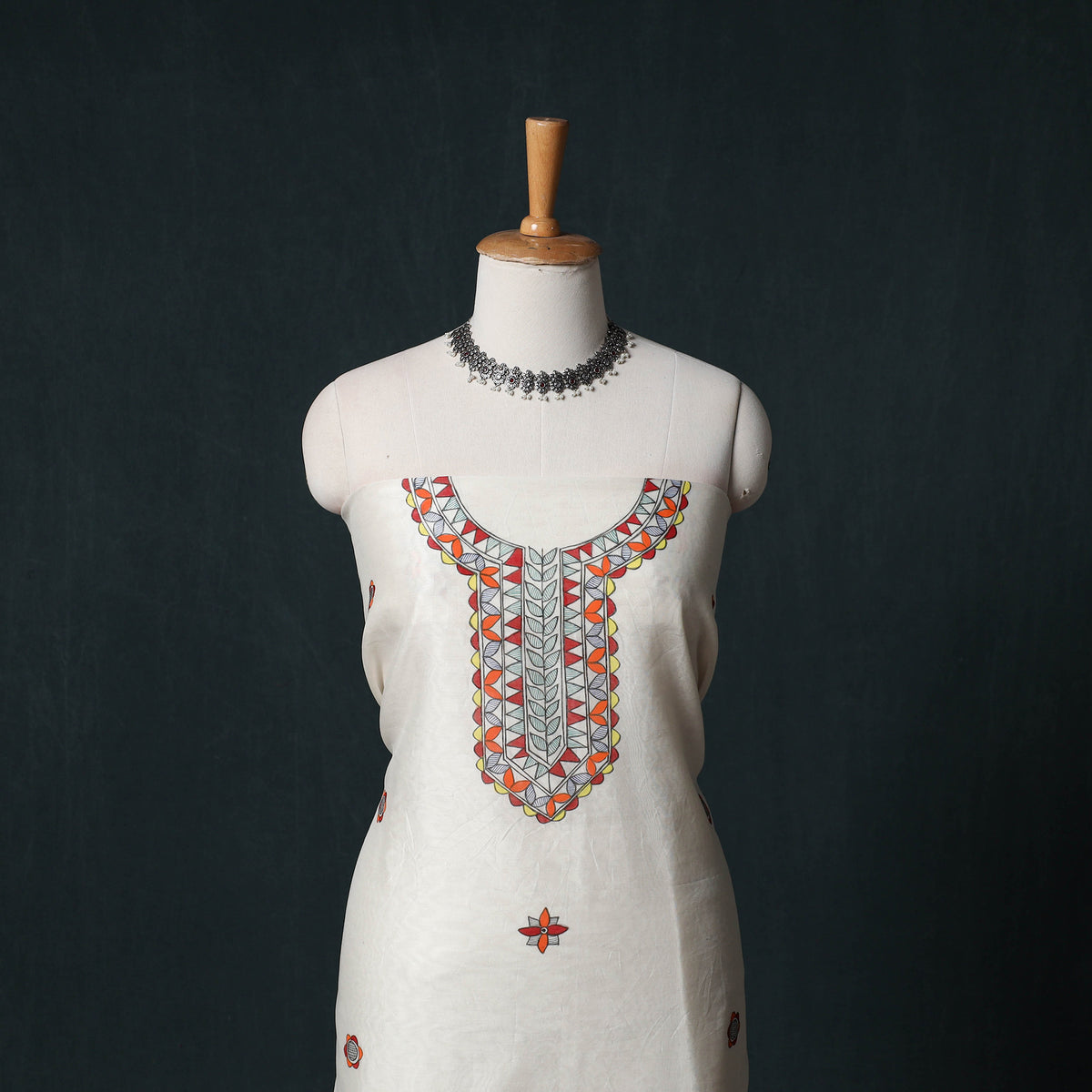 White - Madhubani Handpainted Chanderi Silk 2pc Unstitched Dress Material Kurta Set 03