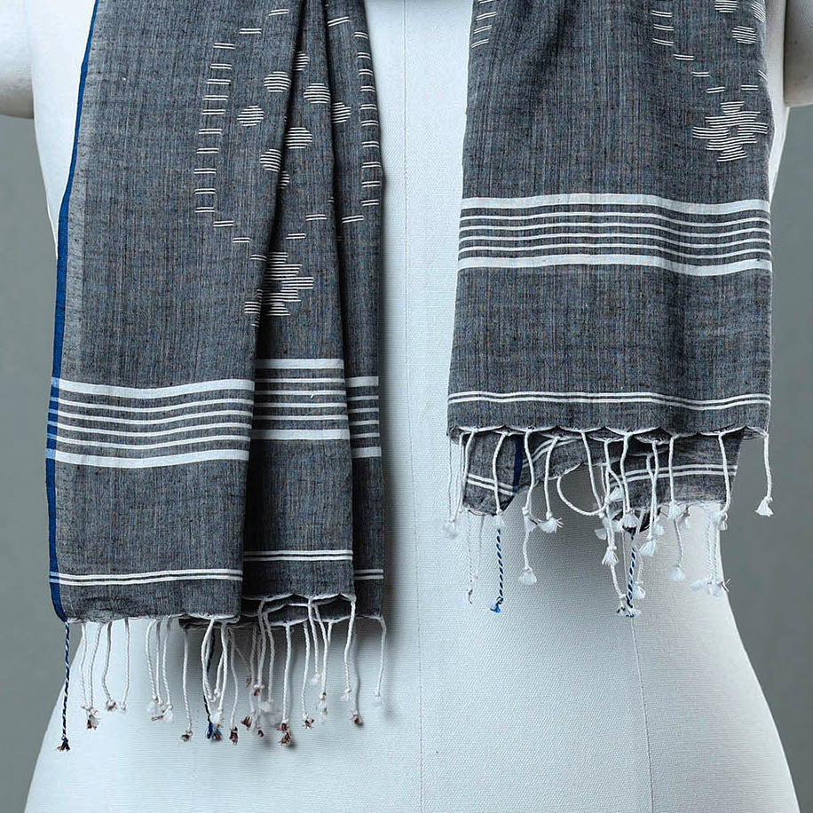 Grey - Burdwan Jamdani Cotton Handloom Stole with Tassels 19