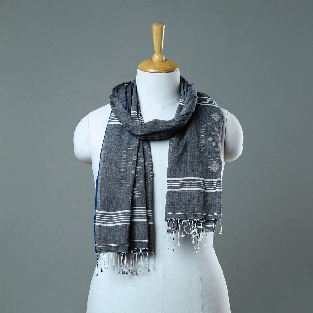 Grey - Burdwan Jamdani Cotton Handloom Stole with Tassels 19