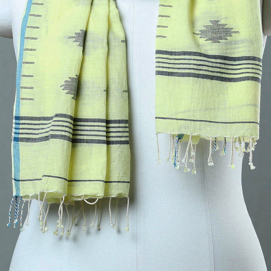 Yellow - Burdwan Jamdani Cotton Handloom Stole with Tassels 20