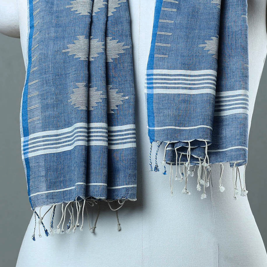 Blue - Burdwan Jamdani Cotton Handloom Stole with Tassels 23