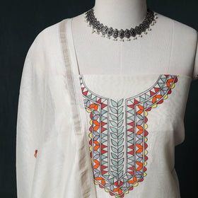 White - Madhubani Handpainted Chanderi Silk 2pc Unstitched Dress Material Kurta Set 05