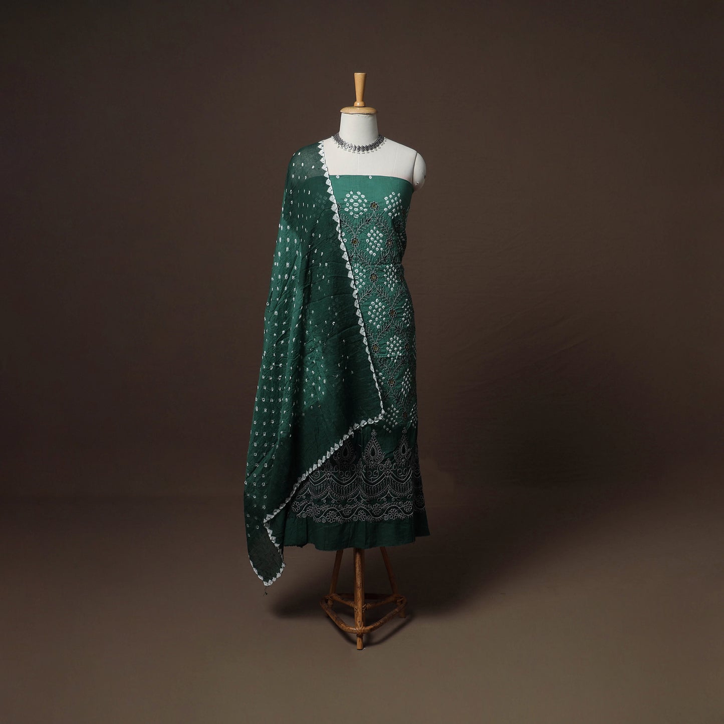 Kutch Bandhani Sequin Work Satin Cotton Unstitched Dress Material: Kurta, Bottom & Dupatta 03