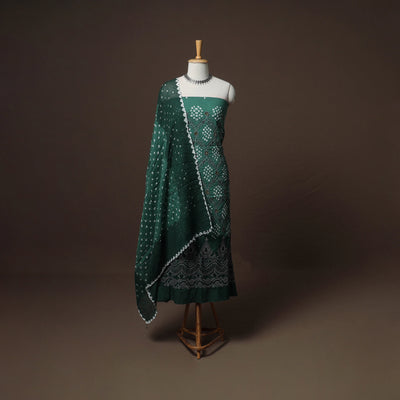 Kutch Bandhani Sequin Work Satin Cotton Unstitched Dress Material: Kurta, Bottom & Dupatta 03