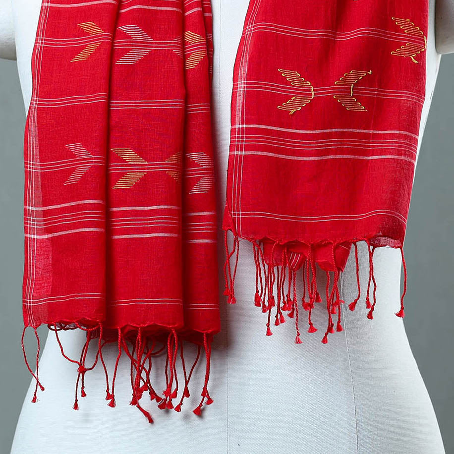 Red - Burdwan Jamdani Cotton Handloom Stole with Tassels 24