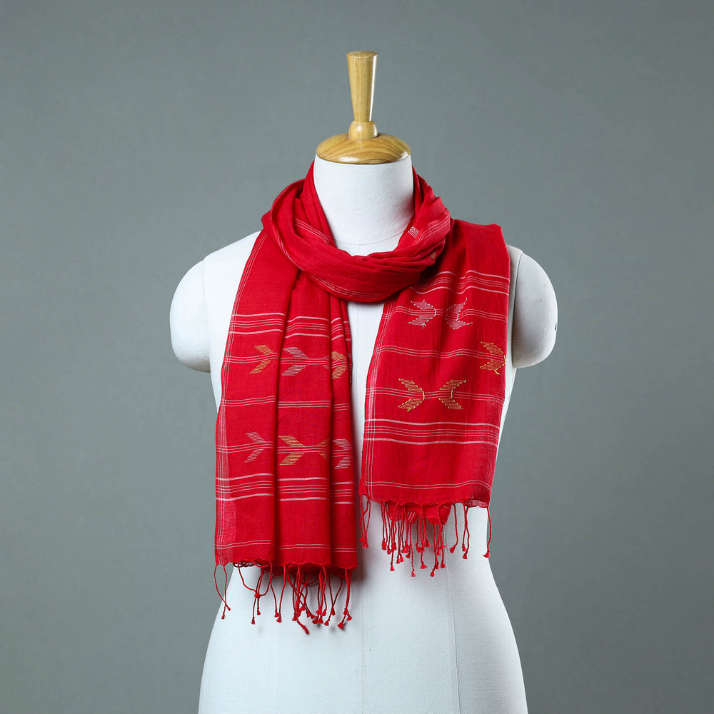 Red - Burdwan Jamdani Cotton Handloom Stole with Tassels 24