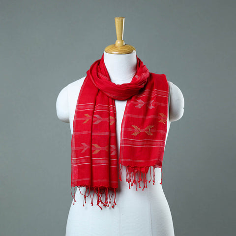 Red - Burdwan Jamdani Cotton Handloom Stole with Tassels 24