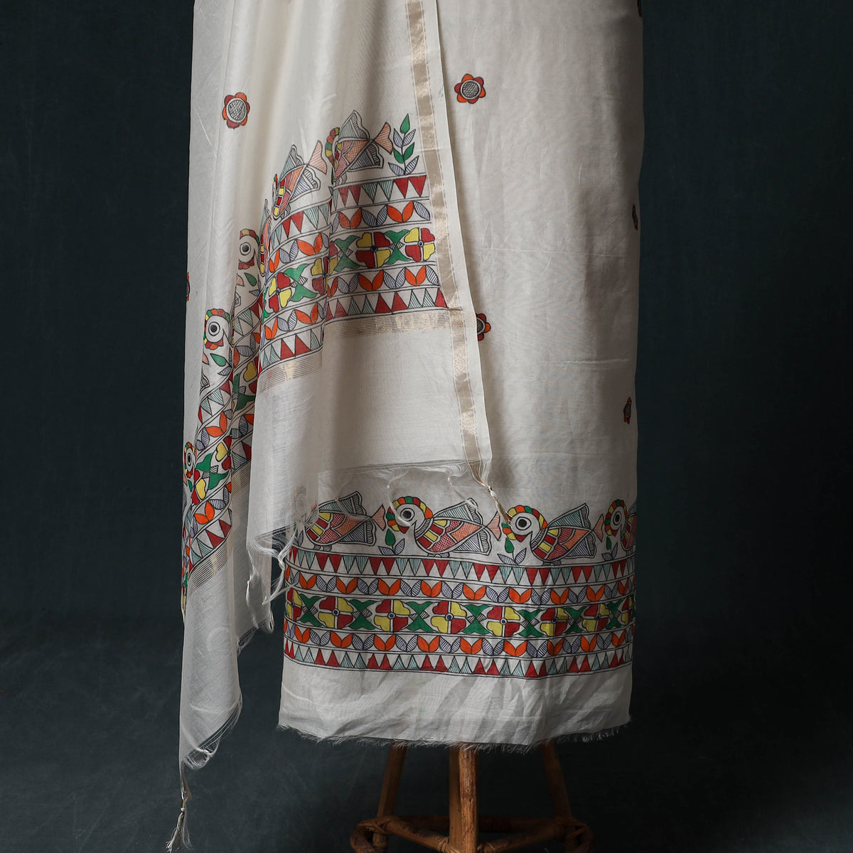 White - Madhubani Handpainted Chanderi Silk 2pc Unstitched Dress Material Kurta Set 05