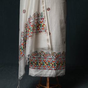 White - Madhubani Handpainted Chanderi Silk 2pc Unstitched Dress Material Kurta Set 05