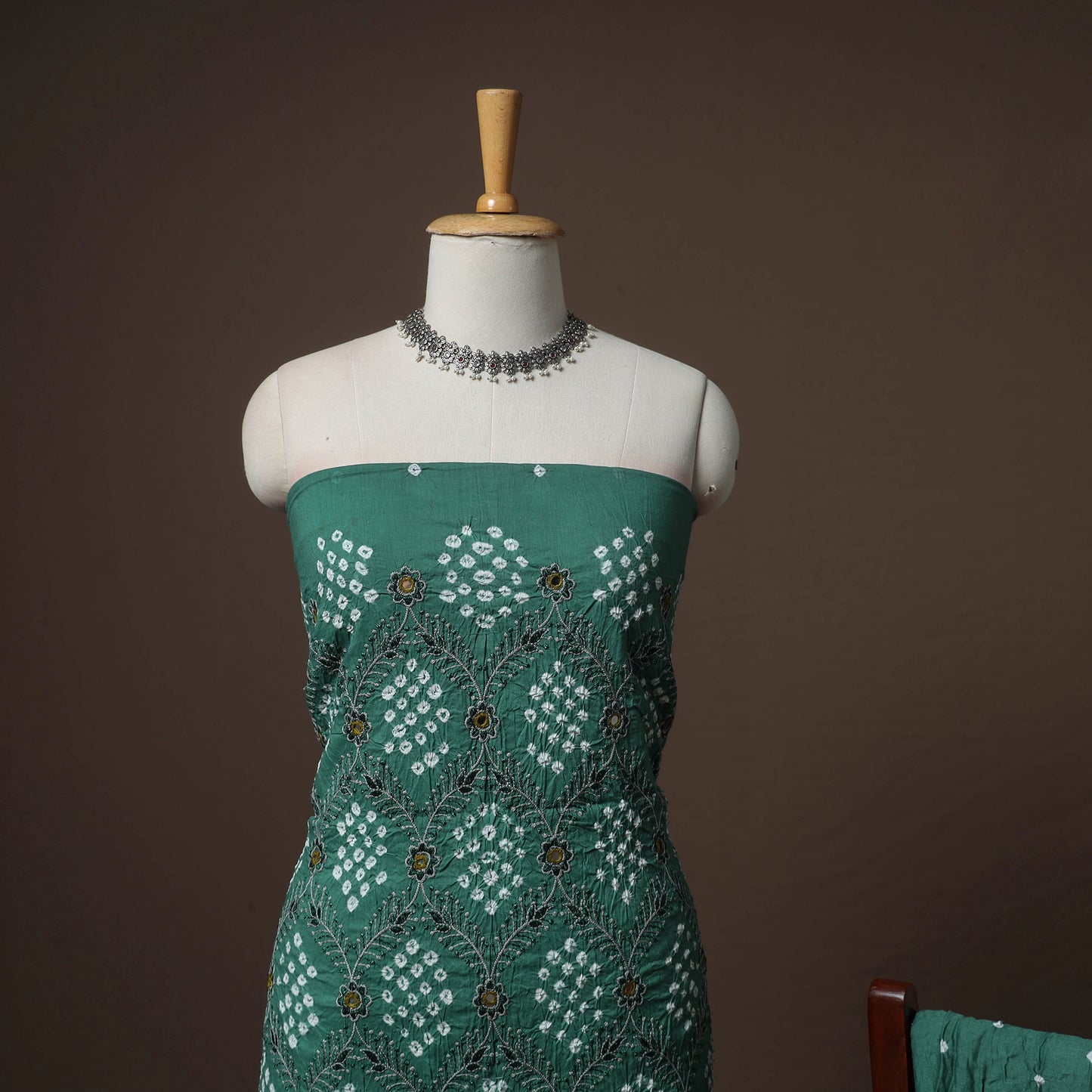 Kutch Bandhani Sequin Work Satin Cotton Unstitched Dress Material: Kurta, Bottom & Dupatta 03