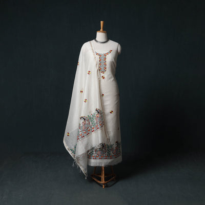 White - Madhubani Handpainted Chanderi Silk 2pc Unstitched Dress Material Kurta Set 04