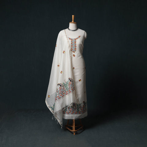 Madhubani Handpainted Chanderi Silk 2pc Unstitched Dress Material Kurta Set 04