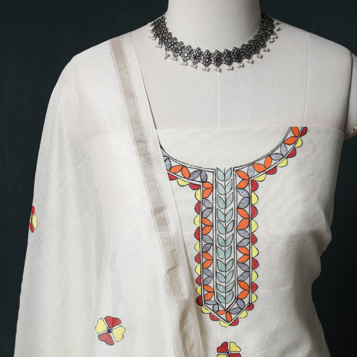 White - Madhubani Handpainted Chanderi Silk 2pc Unstitched Dress Material Kurta Set 04