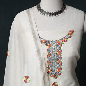 White - Madhubani Handpainted Chanderi Silk 2pc Unstitched Dress Material Kurta Set 04