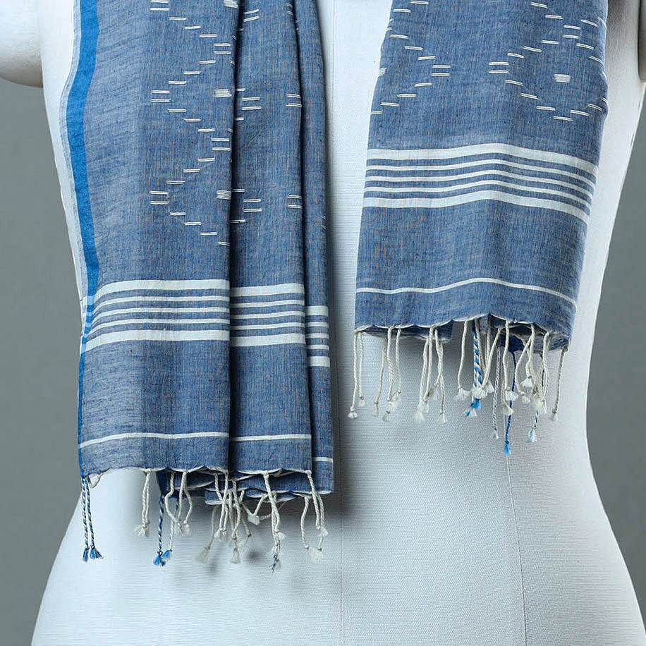 Blue - Burdwan Jamdani Cotton Handloom Stole with Tassels 28