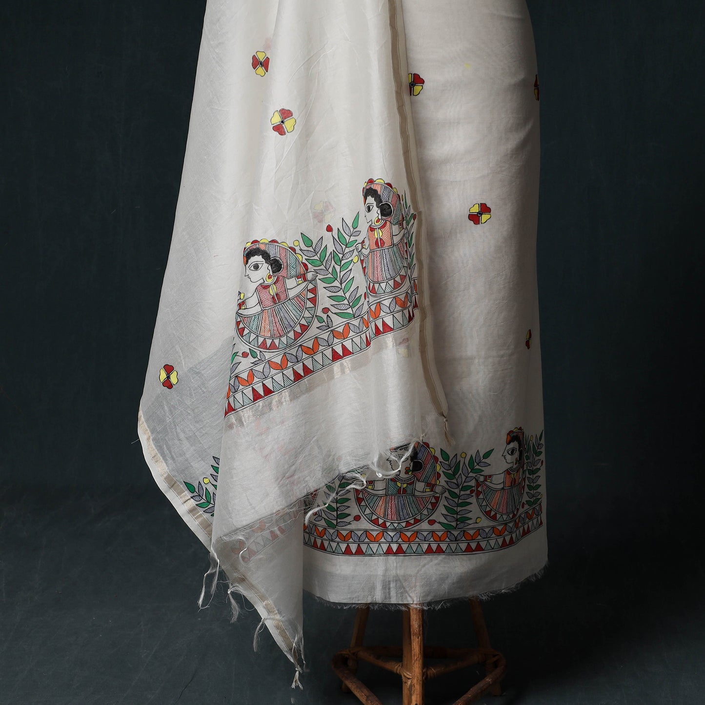 White - Madhubani Handpainted Chanderi Silk 2pc Unstitched Dress Material Kurta Set 04