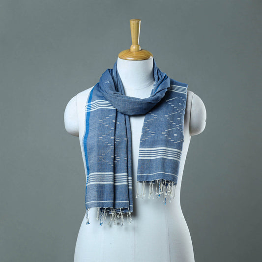 Blue - Burdwan Jamdani Cotton Handloom Stole with Tassels 28