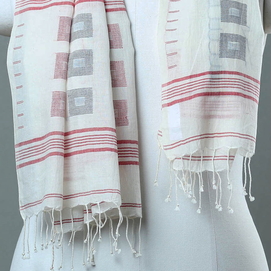 White - Burdwan Jamdani Cotton Handloom Stole with Tassels 29