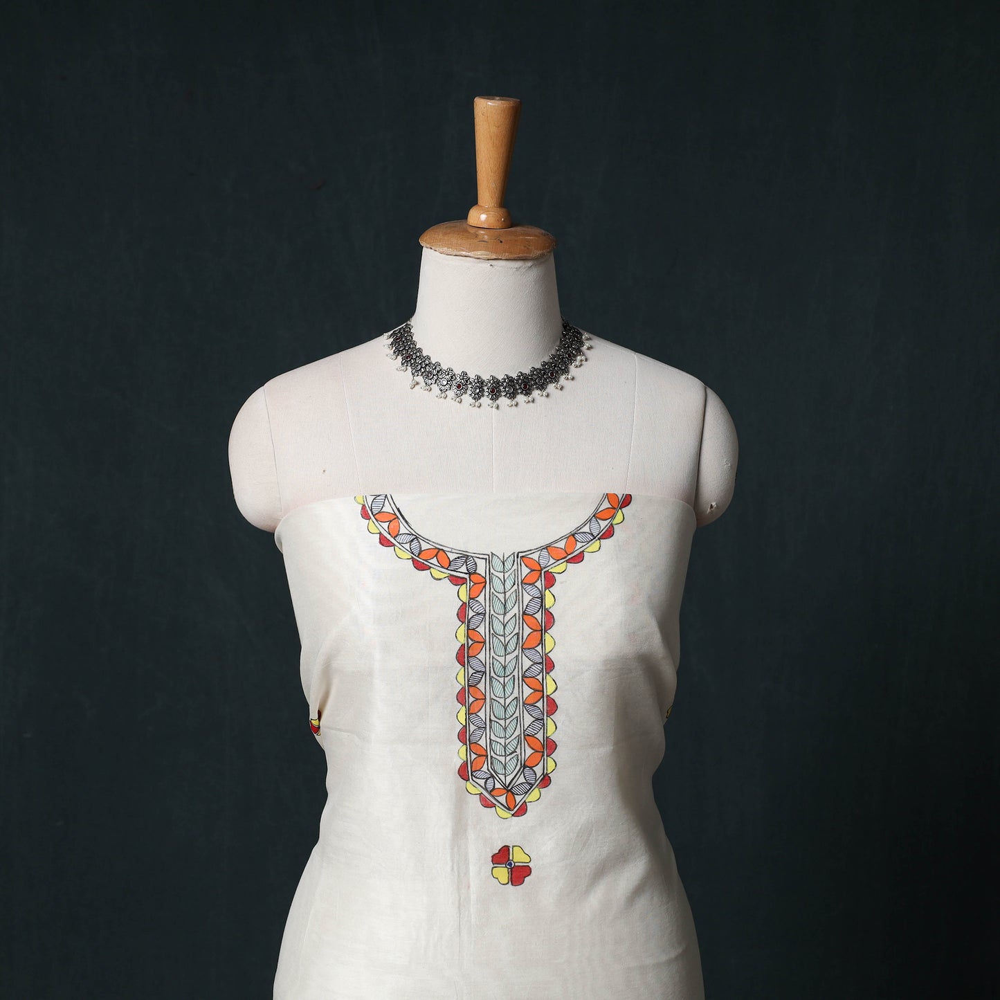 White - Madhubani Handpainted Chanderi Silk 2pc Unstitched Dress Material Kurta Set 04