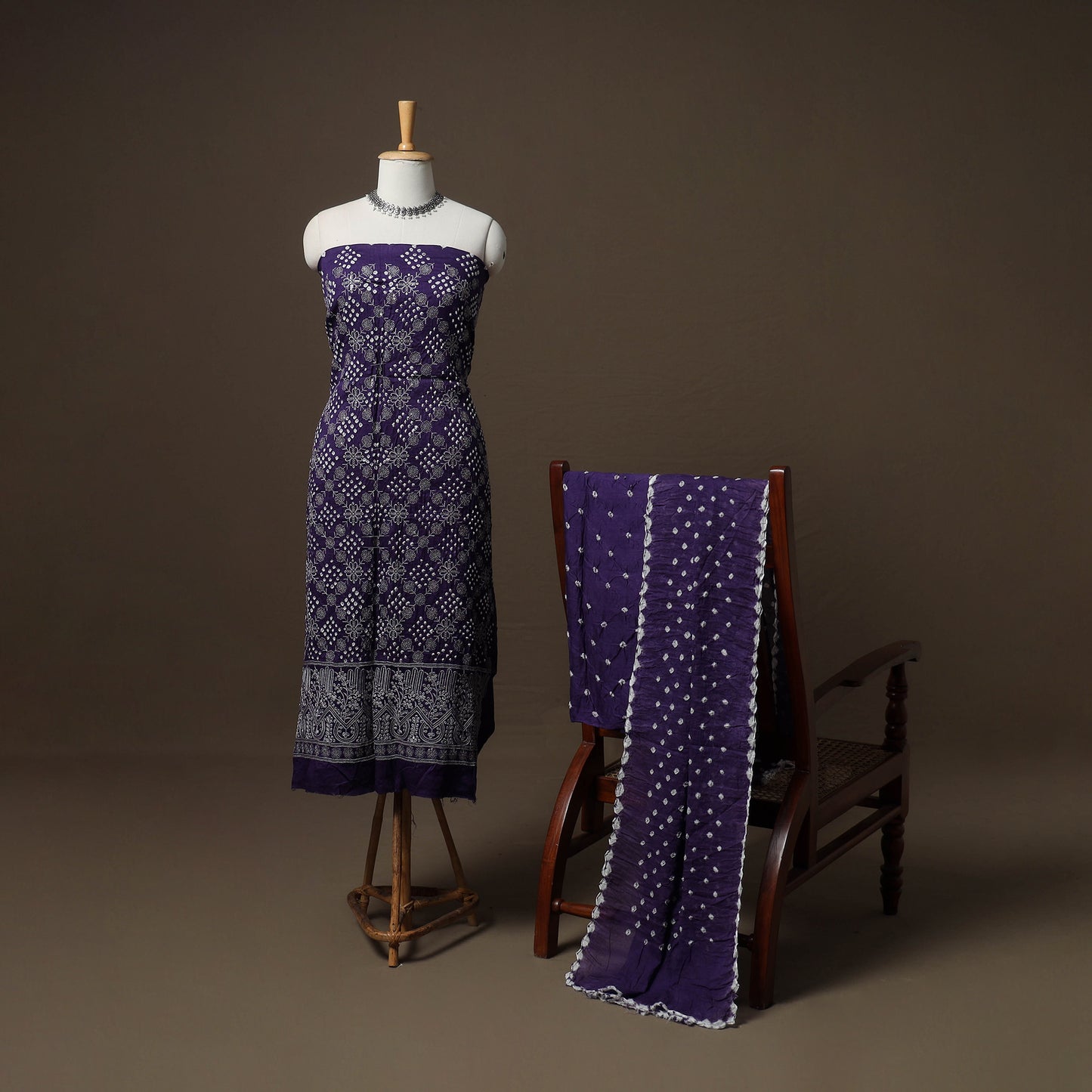 Kutch Bandhani Sequin Work Satin Cotton Unstitched Dress Material: Kurta, Bottom & Dupatta 05