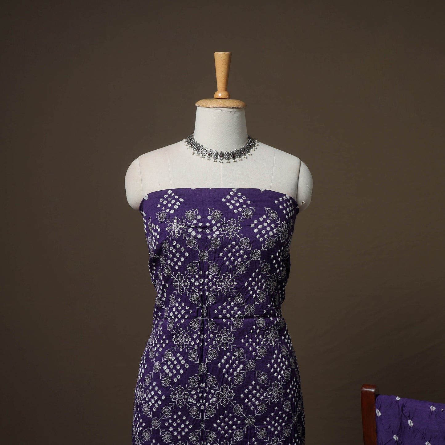 Kutch Bandhani Sequin Work Satin Cotton Unstitched Dress Material: Kurta, Bottom & Dupatta 05