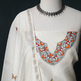 White - Madhubani Handpainted Chanderi Silk 2pc Unstitched Dress Material Kurta Set 06