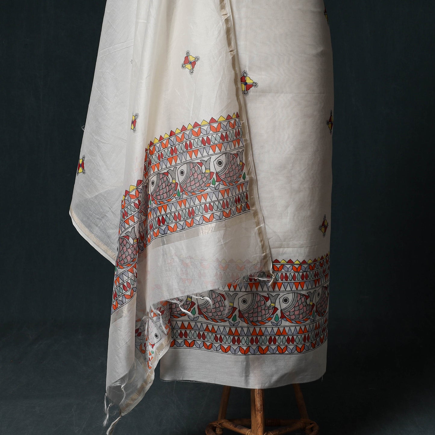 White - Madhubani Handpainted Chanderi Silk 2pc Unstitched Dress Material Kurta Set 06