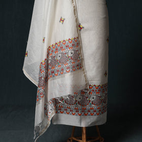 White - Madhubani Handpainted Chanderi Silk 2pc Unstitched Dress Material Kurta Set 06