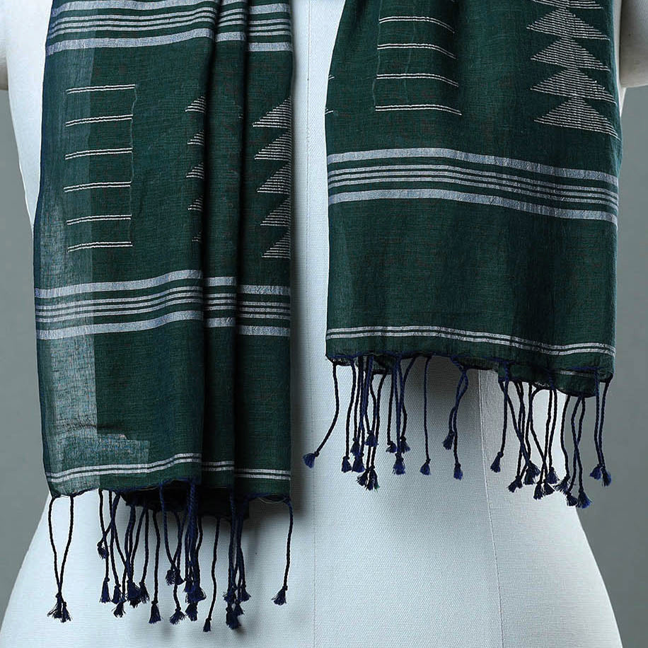 Green - Burdwan Jamdani Cotton Handloom Stole with Tassels 34