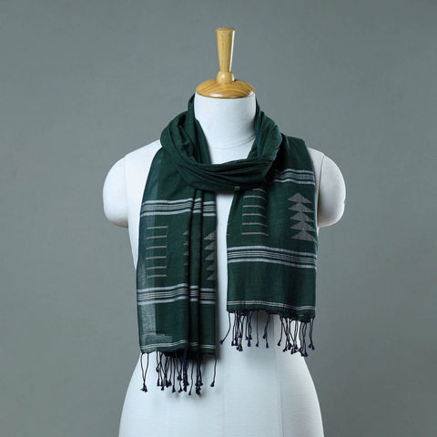 Green - Burdwan Jamdani Cotton Handloom Stole with Tassels 34